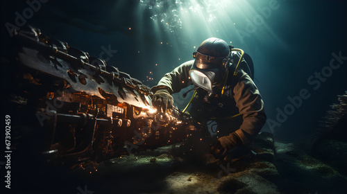 Underwater view of diver fixing a tube, seacrete, (artificial steel reef with electric current),