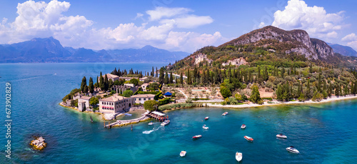 Punta San Vigilio - aerial drone view, most romantic place of Garda Lake ,Lago di Garda scenery. northern Italy. photo