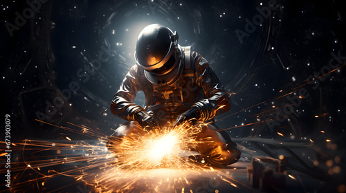 A welder in protective overalls and a welding mask welds metal structures by welding in a hard-to-reach place. forced posture. scaphander photo