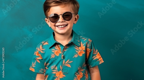 Studio portrait of smiling boy wearing a blue flowered shirt sunglasses on blue background. Advertising campaign concept with a holiday theme. Copy space