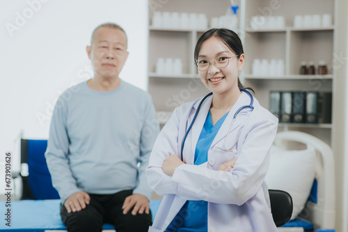 Female doctor talking taking care of her senior patient give support Doctor helping elderly patient with Alzheimer s disease A female attendant holds the hand of an elderly man