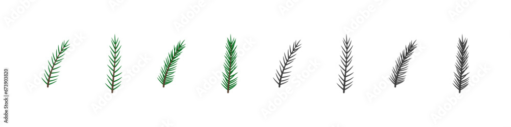 Fir branch vector flat set. Christmas decoration. Pine tree decorative twig collection. - obrazy, fototapety, plakaty 