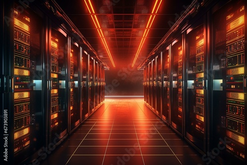 A data center with server racks and storage. 3D rendered visuals of a server room with backup, mining, hosting, and mainframe. Generative AI