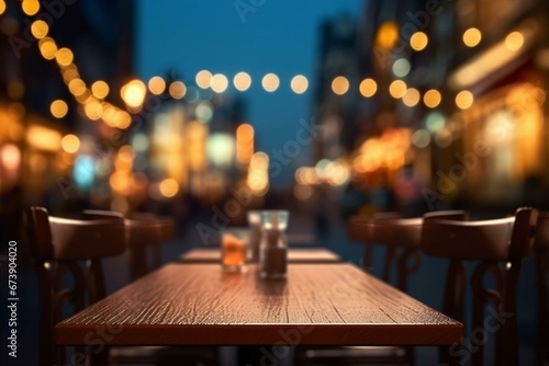 Night restaurant background with blurred lighting on a wooden table top. Generative AI