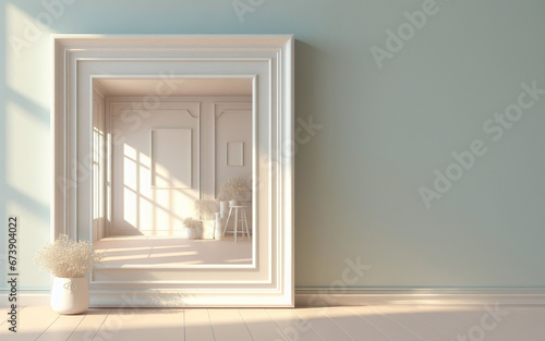 Empty room in pastel colors minimalist style picture frame on the wall Light shining from the window hitting the floor 3D illustration