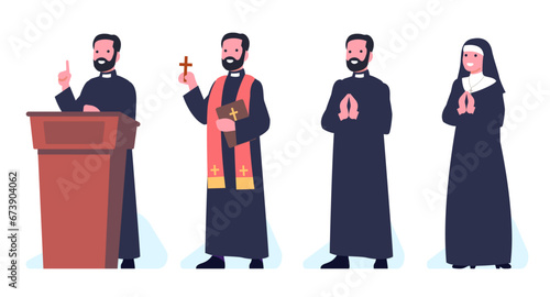 Catholic Christian staff. Male priest and female nun in uniform. Pastor at tribune. Preacher standing with Bible. Christianity abbey. Happy votaress praying in church. Vector concept