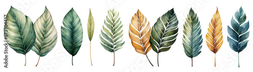 Collection of watercolor dried tropical leaves. Botanical watercolor style. For wedding Invitation  greeting card  save the date. Isolated on transparent background. Generative AI