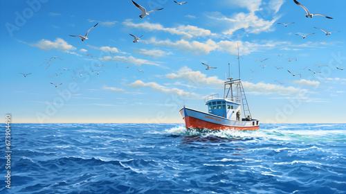 Fishing boat returning to home harbor with lots of seagulls illustration