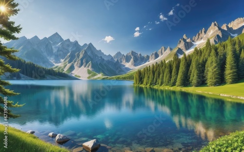 Beautiful nature landscape with mountains and lake © Fayjun
