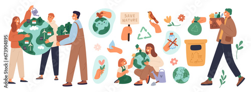 People care about environment. Green lifestyle. Eco friendly characters. Save Earth. Volunteers holding planet. Garbage recycle. Nature conservation. Ecological elements. Garish vector set