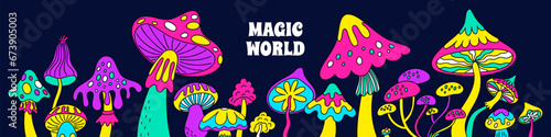 Psychedelic mushrooms border. Acid mystic fungi. Hippie colorful elements. Decorative crazy plants. Shamanic toadstools. Hallucinogenic agaric fungus. Fairy objects. Garish vector concept