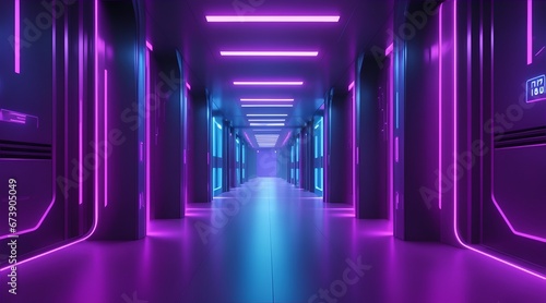 Abstract background of futuristic corridor with purple and blue neon lights photo