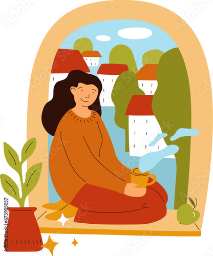 Relaxing girl. Happy woman drinking hot coffee and looking at city landscape through window. Young female sitting on windowsill with tea cup. Cozy home. Hygge relaxation. Vector concept