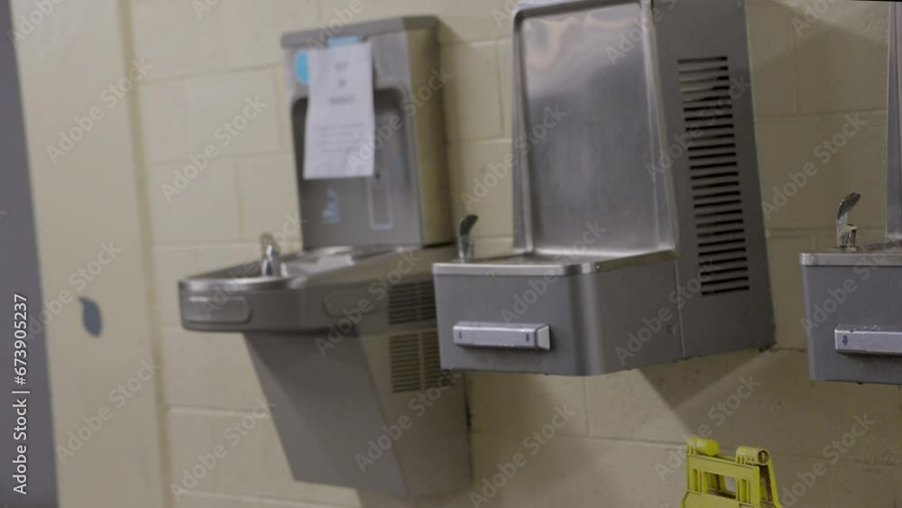 This panning video shows a row of old water fountains. This panning video shows a row of old water fountains.