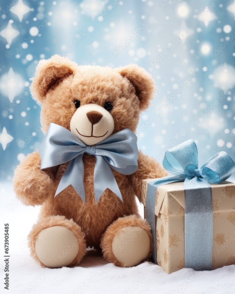 Teddy Bear Christmas: Cute Funny Bear with Christmas Gift on White Background Teddy Bear Christmas: Cute Funny Bear with Christmas Gift on White Background