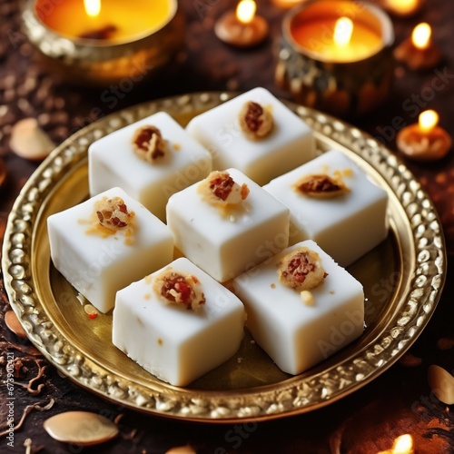 Sandesh Indian dessert on a beautiful plate. illustration in realistic style. photo
