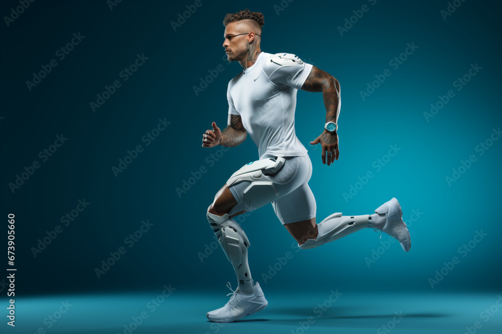 A man with prosthetic leg running, poster made with AI