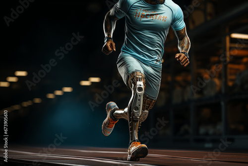 A man with prosthetic leg running, poster made with AI