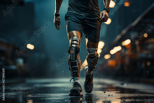 A man with prosthetic leg running, poster made with AI photo