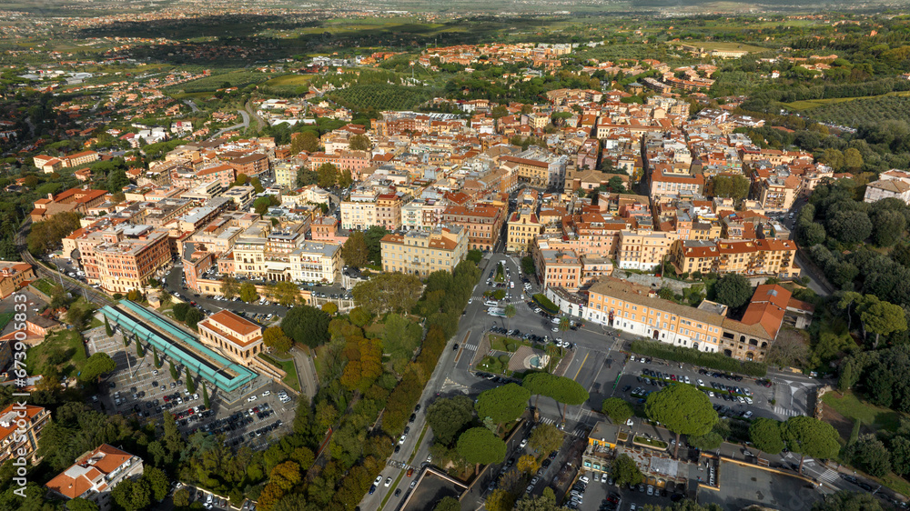 Fototapeta premium Aerial view of Frascati, a small town in the metropolitan city of Rome Capital, in the area of Roman Castles, in Lazio, Italy.