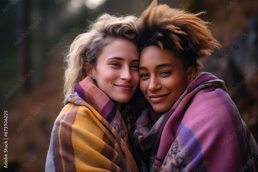 Fototapeta premium Mixed lesbian couple in love, girlfriends hugging in nature, romantic scene between two loving women