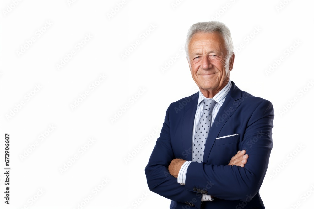 Portrait of a senior smiling man wearing a blue suit standing with arms folded isolated over white background. Portrait of a senior smiling man wearing a blue suit standing with arms folded isolated over white background.