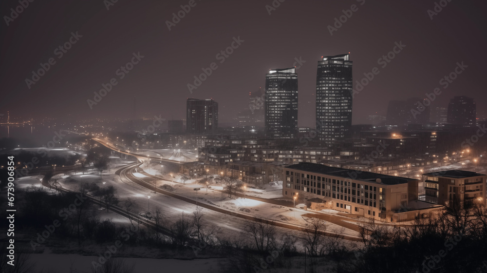  snowy cityscape. Generative AI