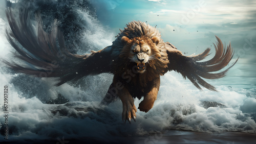 Lion With Wings Coming out of Sea photo