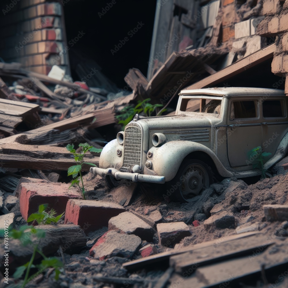 children's toys in the middle of a destroyed building war background image