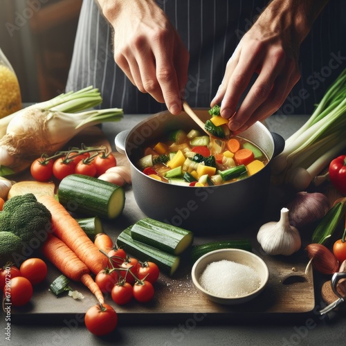 Fotografia Cooking - chef's hands preparing vegetable vegetarian stew (thick soup)