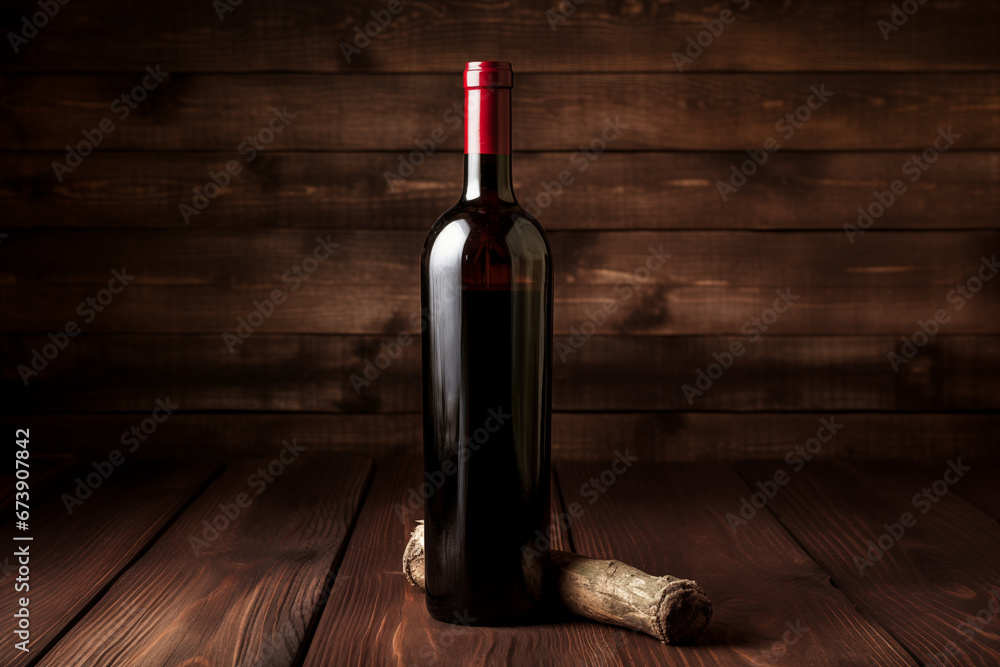 red wine bottle on a wooden background