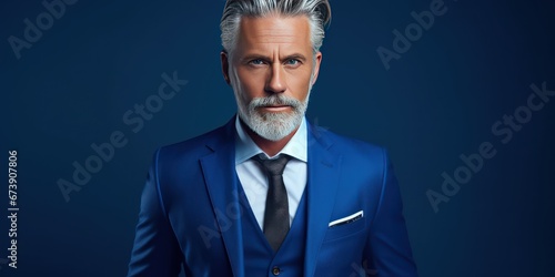 A stylish grey haired middle aged man in a blue suit on dark blue background. © Stavros's son