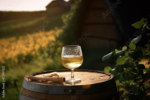 glass of white wine on a barrel in the countrysid