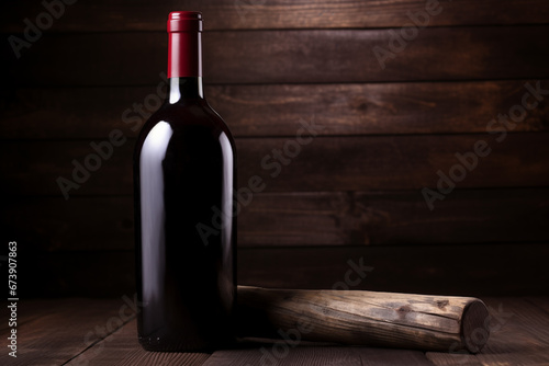 red wine bottle on a wooden background