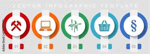 Commerce flat design icon set, miscellaneous icons such as mining, laptop, wind turbine, shop basket and law, vector infographic template, web buttons collection