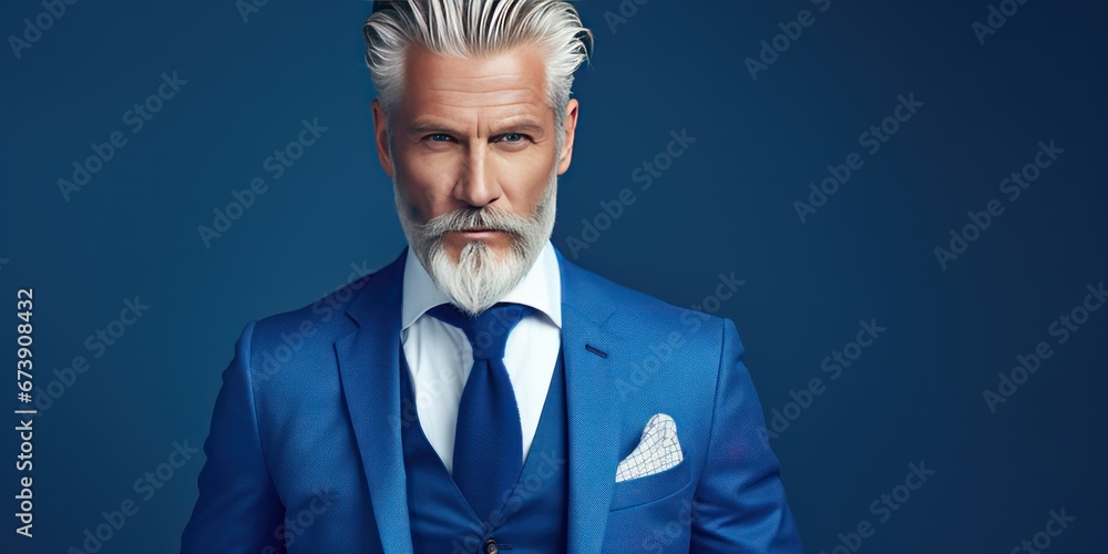 Close-up portrait of a serious stylish grey haired middle aged man in a blue suit. Photo with copy space on blue background.