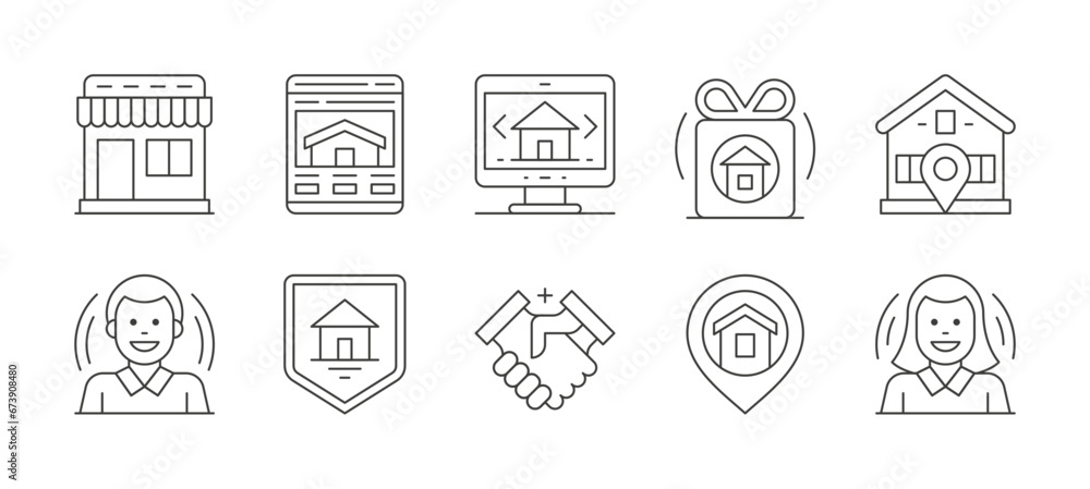 Real estate agency customer realtor deal gift box protection thin line art icons set vector - obrazy, fototapety, plakaty 