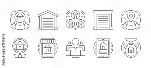 Real estate agency global search mobile app medal thin line art icons set vector illustration