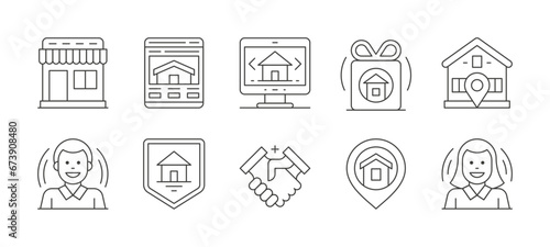 Real estate agency customer realtor deal gift box protection thin line art icons set vector
