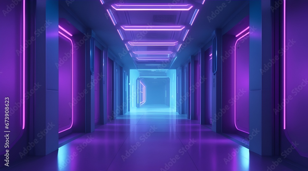 Abstract background of futuristic corridor with purple and blue neon lights