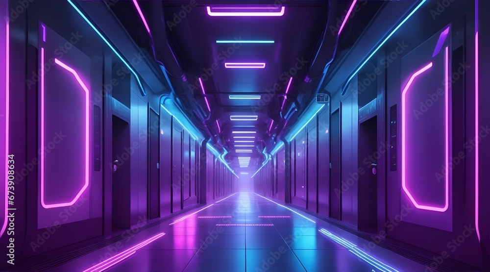 Fototapeta premium Abstract background of futuristic corridor with purple and blue neon lights