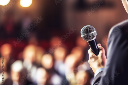 Man speaker giving speech, presentation or lecture to the audience in conference hall