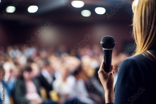 Woman speaker giving speech, presentation or lecture to the audience in conference hall