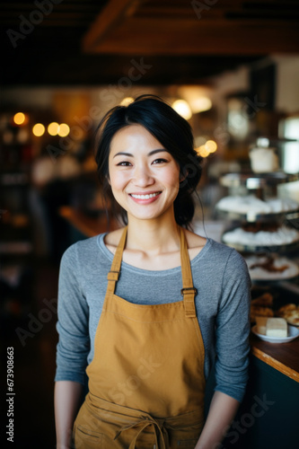 Smiling Asian woman working in pastry shop cafe. Work portrait