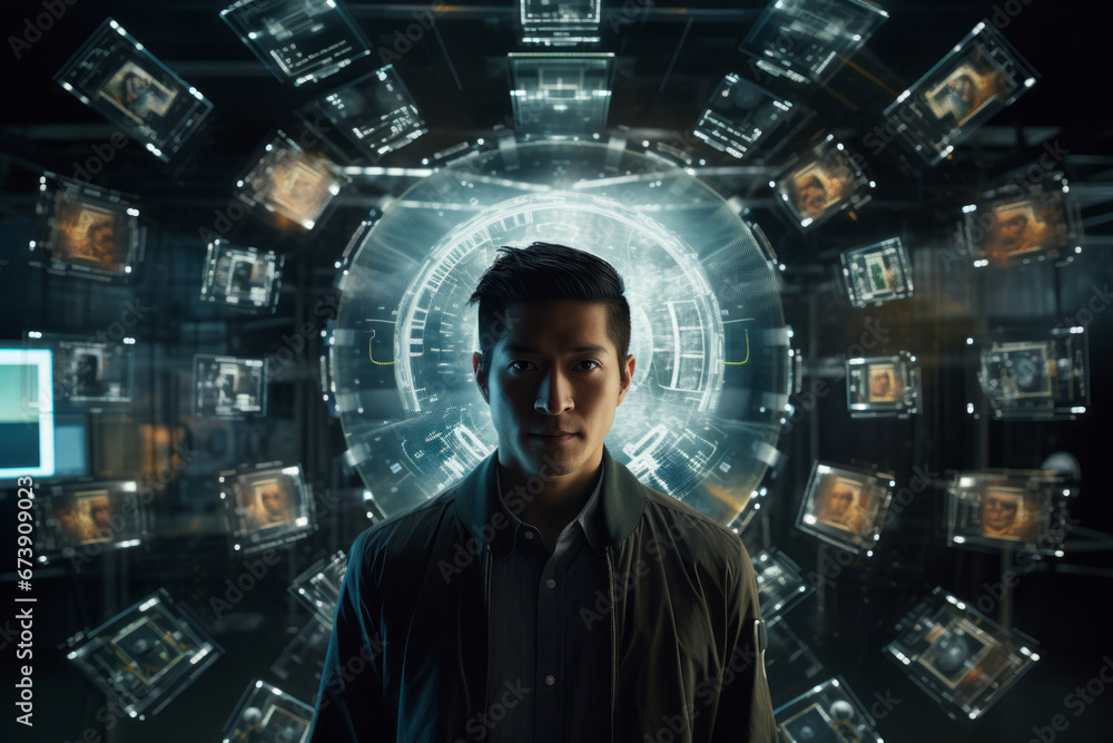Generative ai man tech developer in abstract binary background Generative ai man tech developer in abstract binary background