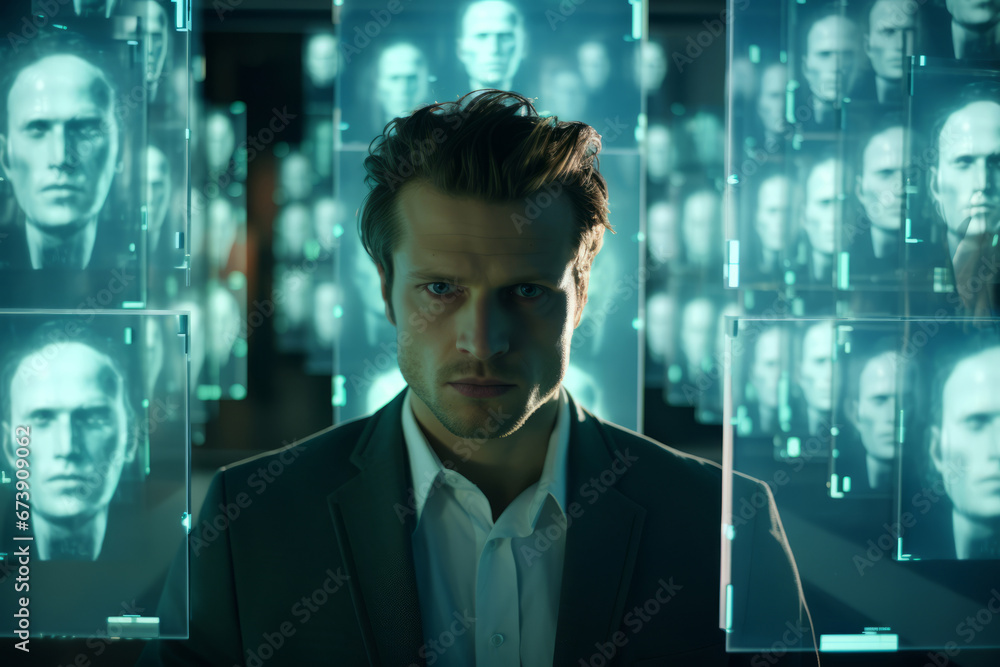 Fototapeta premium Generative ai man tech developer in abstract binary background