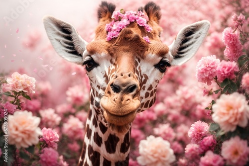 A cute a giraffe baby in flowers. ai generative
