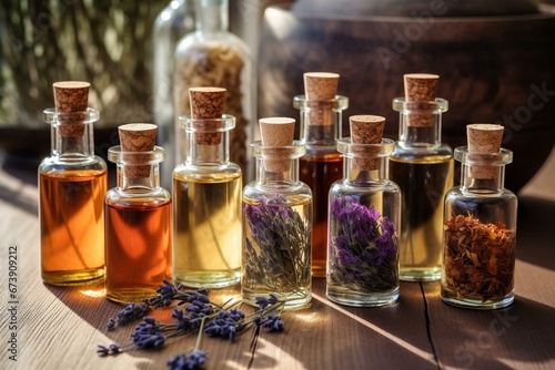 Small glass bottles of plant or flower essential oils on a wooden table with dried flax flowers and lavender strands. Generative AI