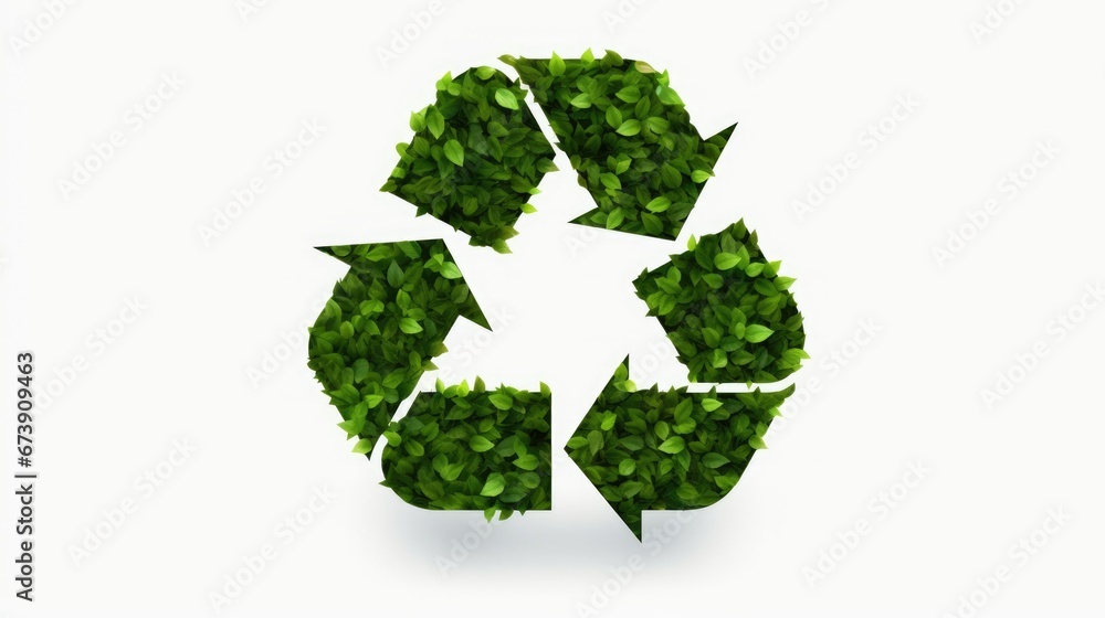 Green symbol isolated on white background. Recycling eco sign from leaves. Zero waste eco friendly concept. Recycle reuse reduce icon. Ecological metaphor. Save planet. Global warming.