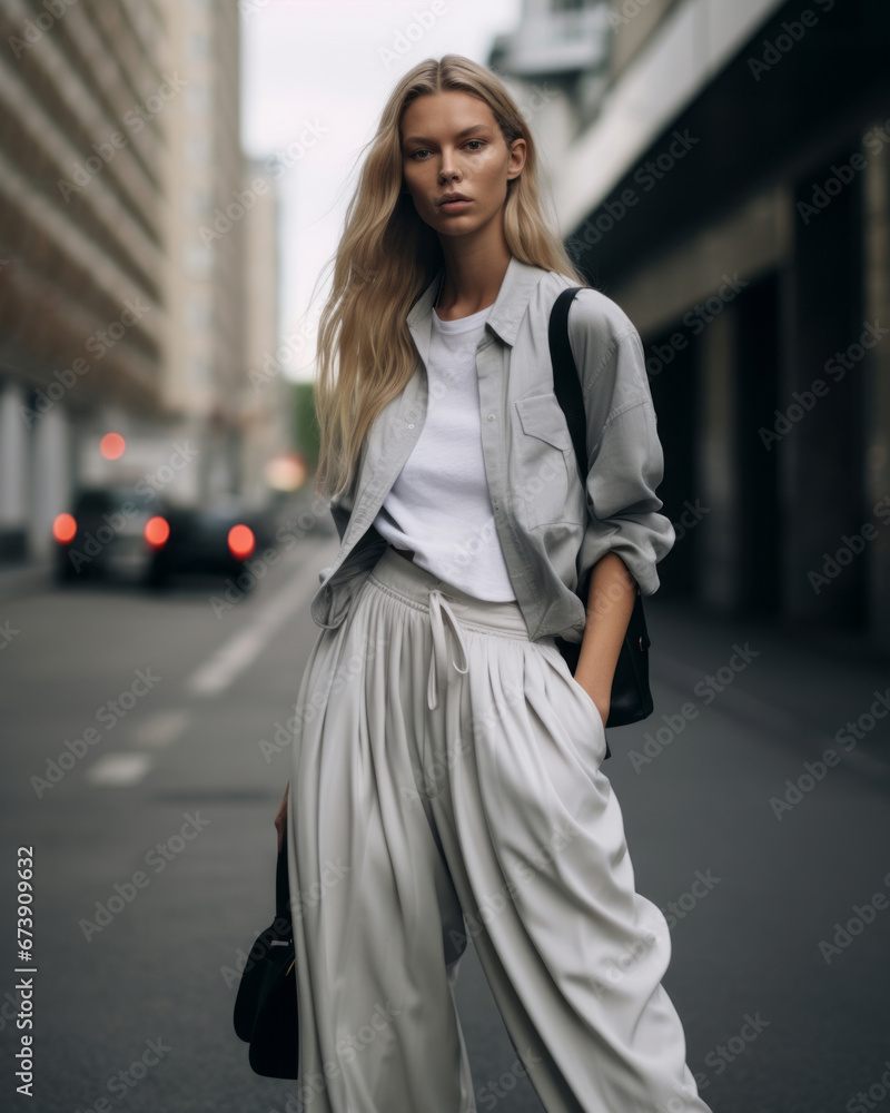 Generative ai fashionable woman model posing outdoors editoral fashion